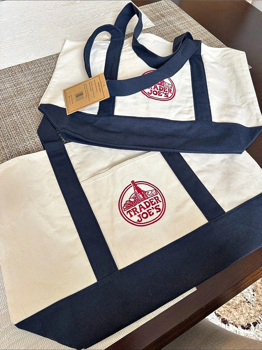 Trader Joe's Large Canvas Tote Bag White & Blue